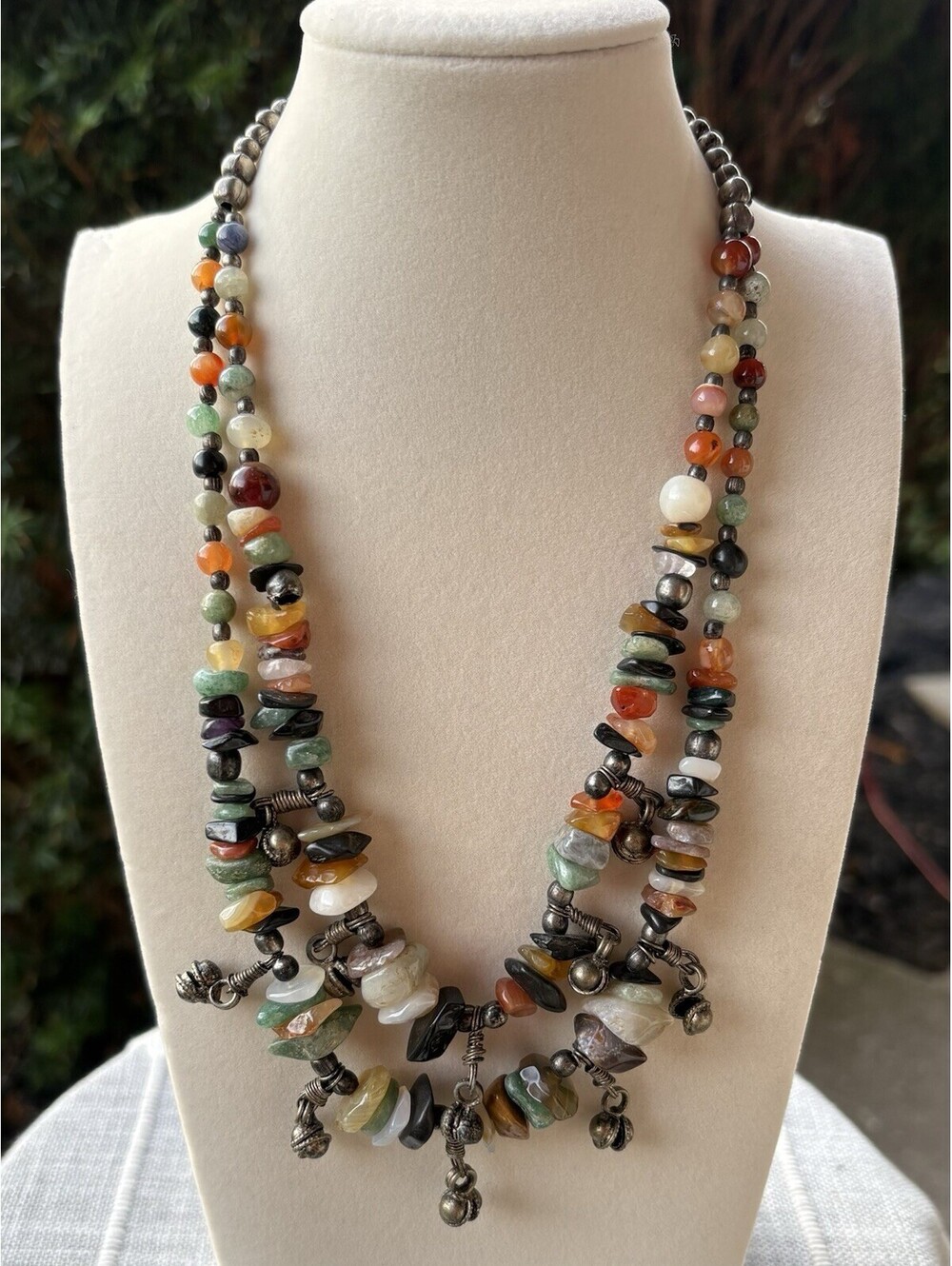 Vintage Multicolor Gemstone Chip Bead Double Strand Boho Necklace Silver Tone